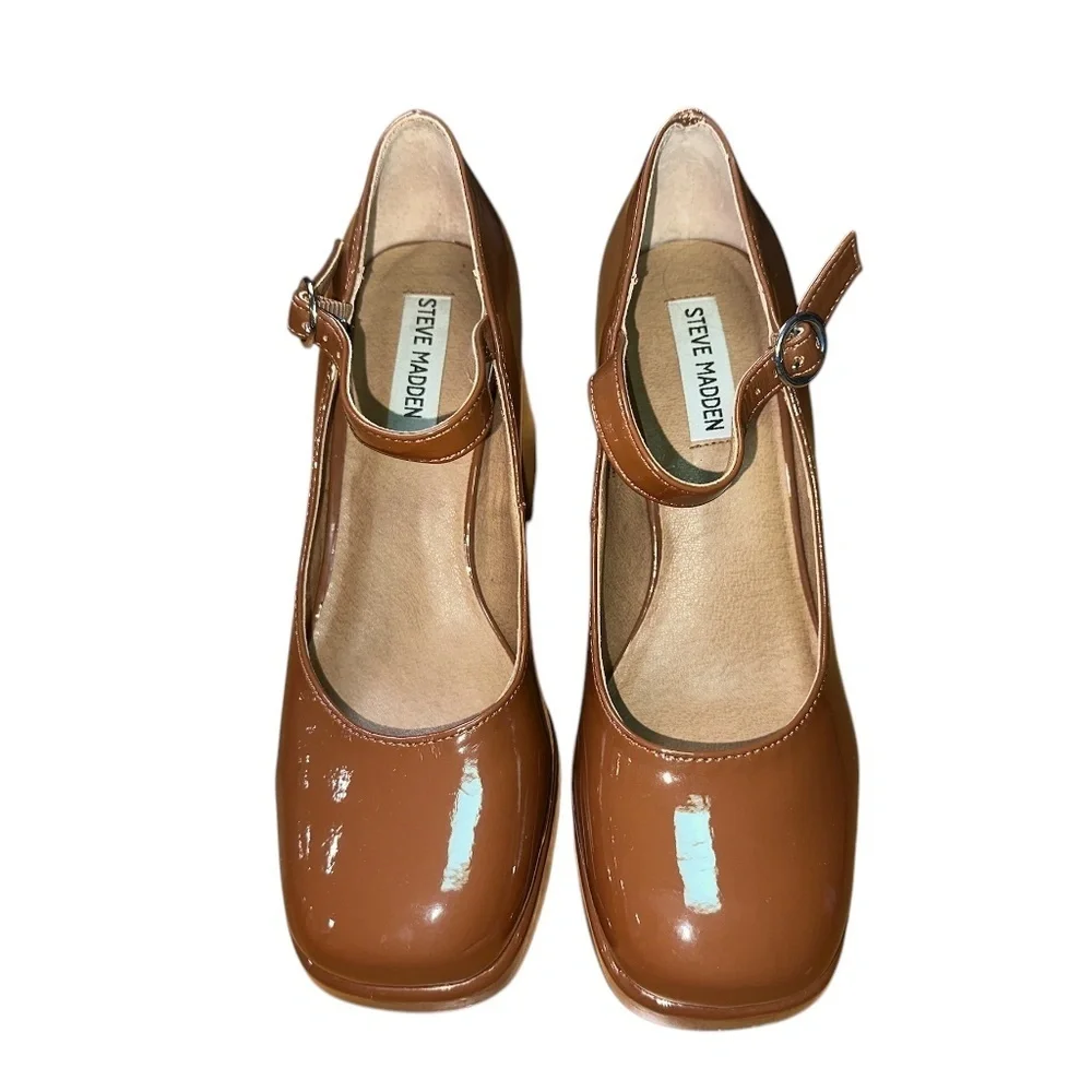 Steve Madden| Mingle Mary Jane Chunky Platform| Cognac Patent Leather| Size 8M - Picture 3 of 7